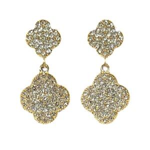 Double Clover Rhinestone Drop Earrings - Gold or Silver